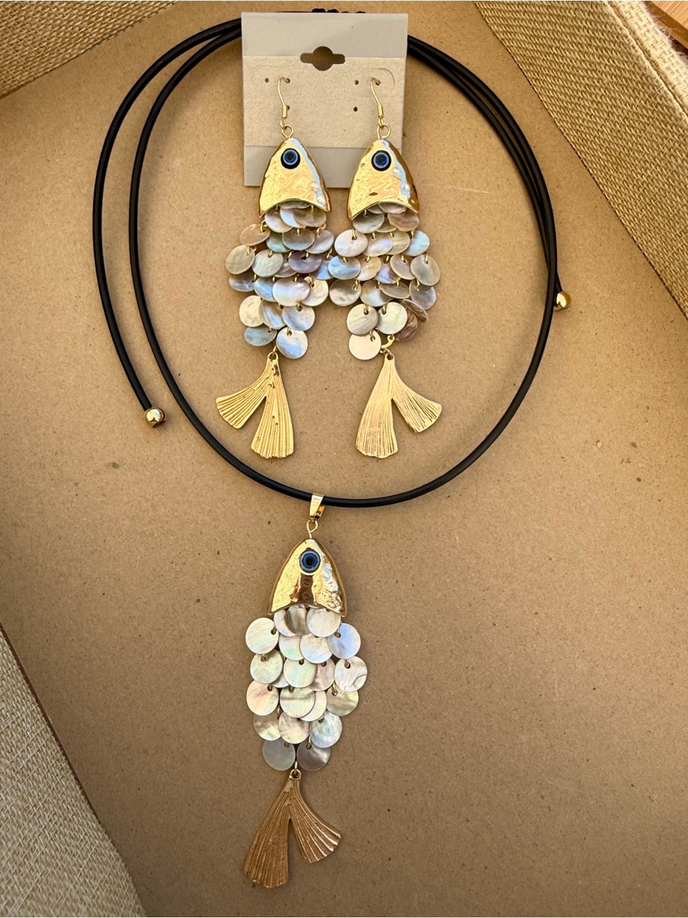 Gold and Pearl Fish Pendant Necklace & Earrings Set - Women Jewelry